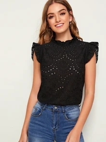 SHEIN Frenchy Top con bordado con ojal de espalda con abertura de ojo de cuello fruncido - Negro - Ver 1