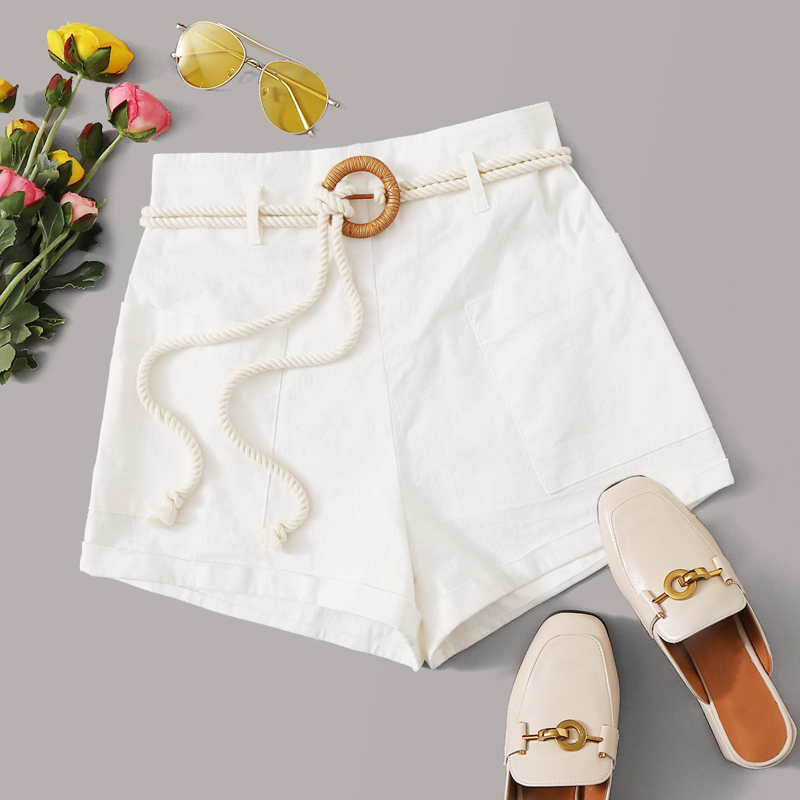 

Frill Waist Shorts With O-ring Belt, White