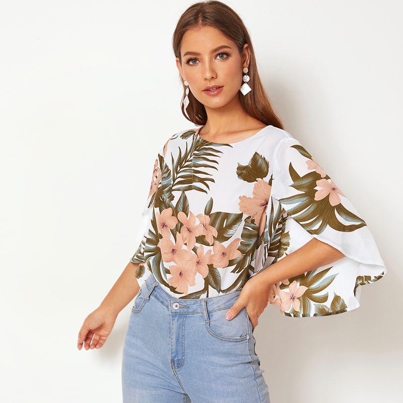 

Floral Tropical Leaf Print Bell Sleeve Top, Multicolor