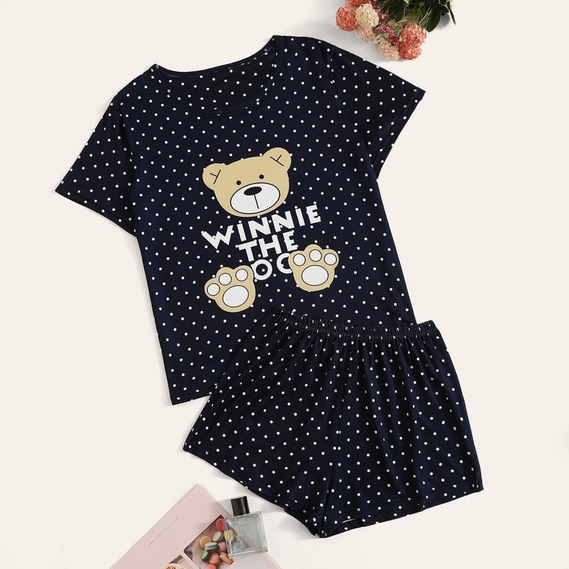 

Bear Print Polka Dot Pajama Set, Navy