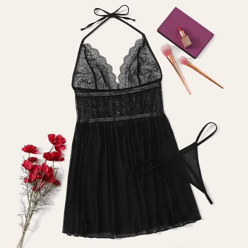 

Contrast Lace Slips With Thong, Black