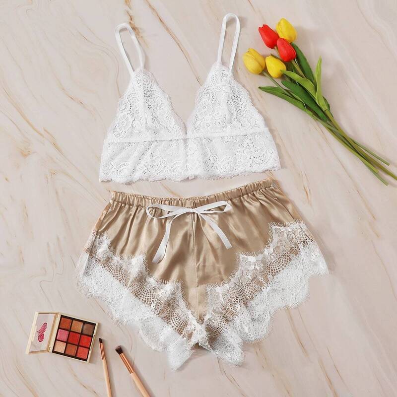 

Floral Lace Bralette With Satin Shorts, Multicolor