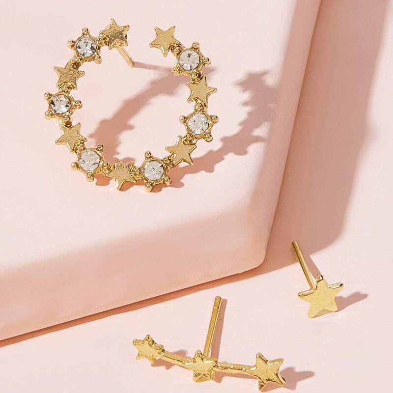 

Star Decor Hoop & Stud Earrings 3pcs, Gold