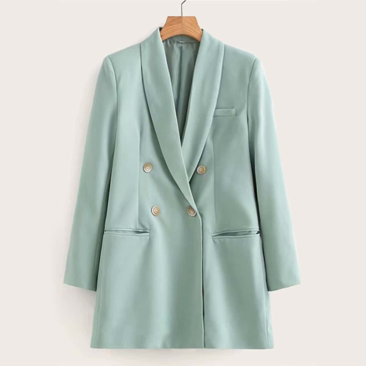 

Solid Double Breasted Shawl Collar Blazer, Green pastel