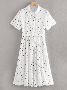 Polka Dot Half Button Self Tie Shirt Dress