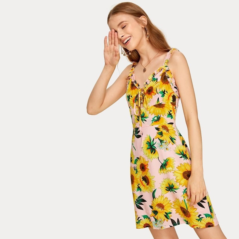 

Sunflower Print Tie Neck Frill Cami Dress, Multicolor