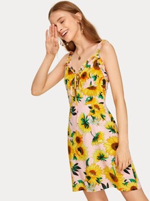 Sunflower Print Tie Neck Frill Cami Dress