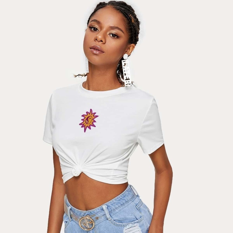 

Sun Embroidered Crop Tee, White