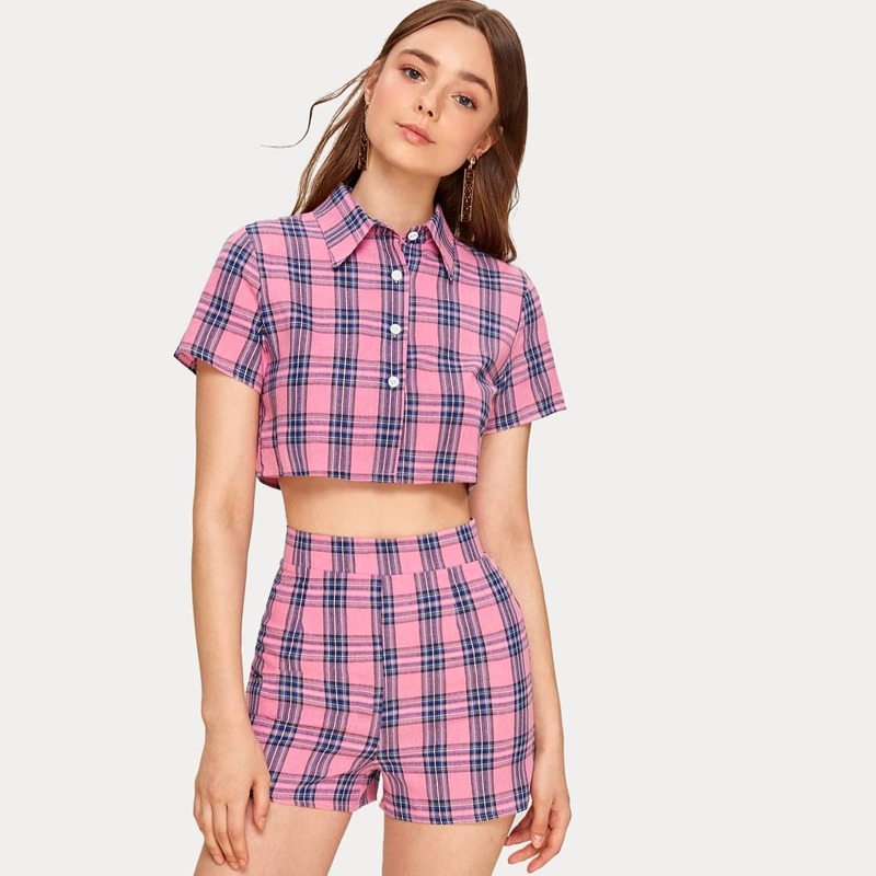 

Tartan Plaid Crop Top With Shorts, Multicolor