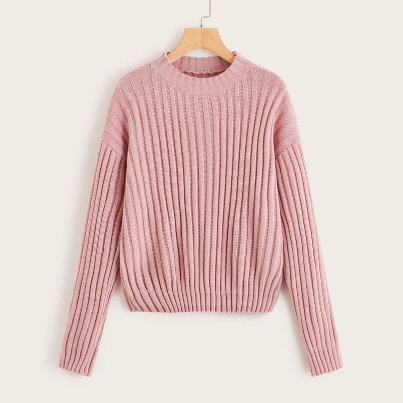 

Ribbed Drop Shoulder Solid Jumper, Pink