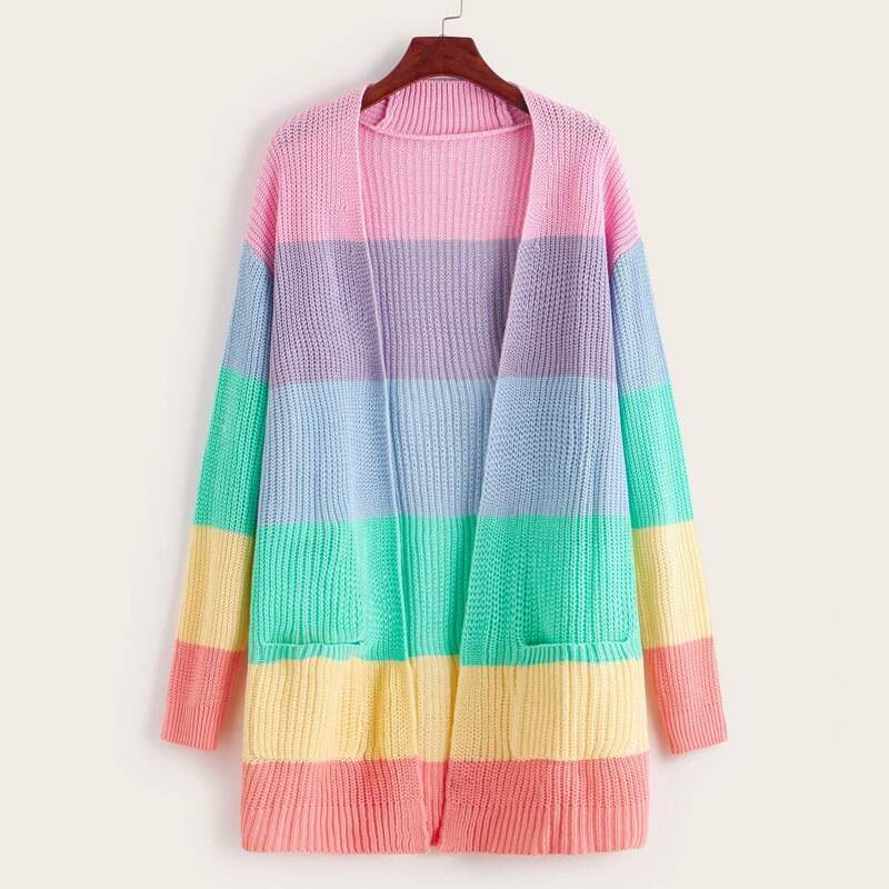 

Rainbow Stripe Dual Pocket Cardigan, Multicolor