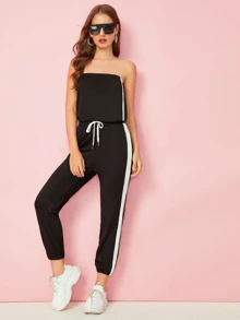 Cut And Sew Tube Top With Drawstring Waist Sweatpants - Black - View 1