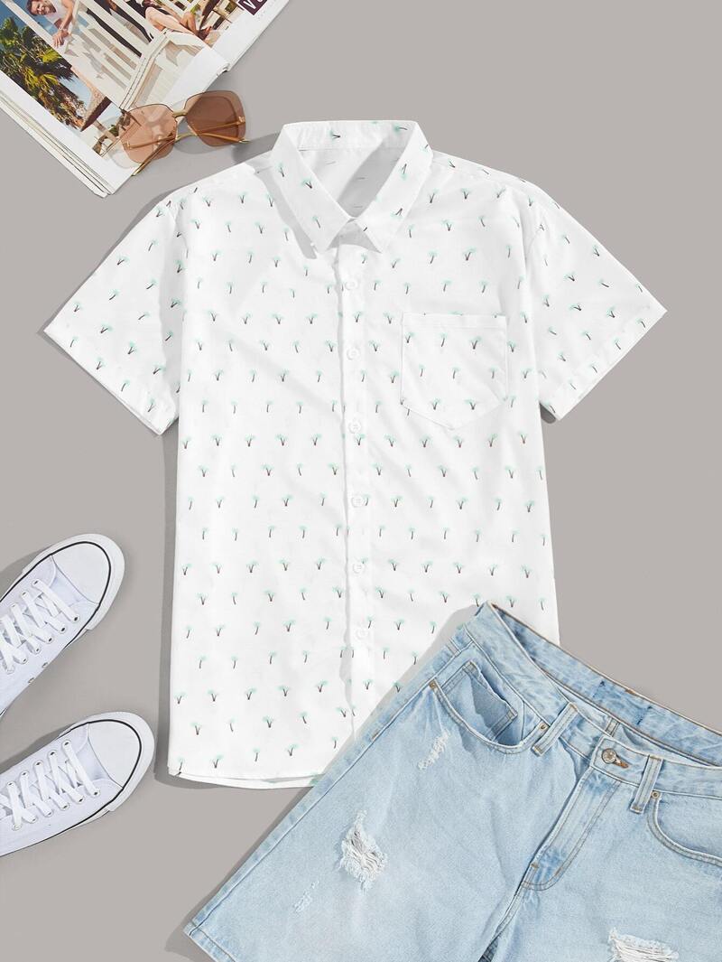 De Con Palmera Camisa Bolsillo Hombres Estampado jA54LR