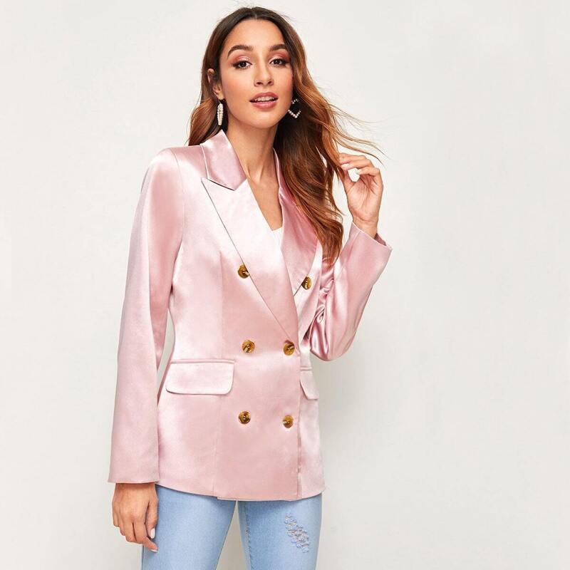 

Double Button Pocket Satin Blazer, Pink pastel