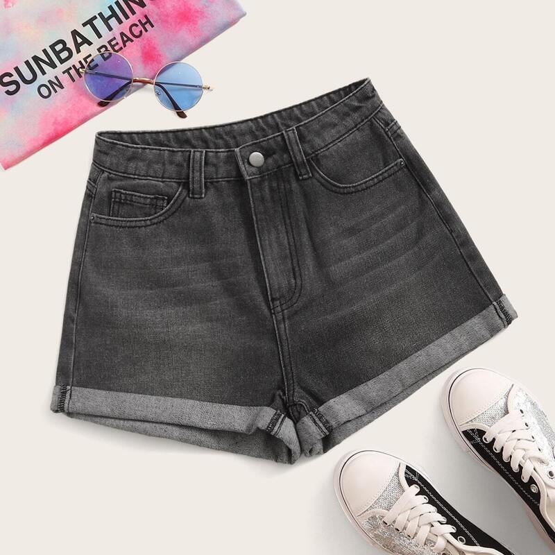 

Roll Up Hem Denim Shorts, Grey