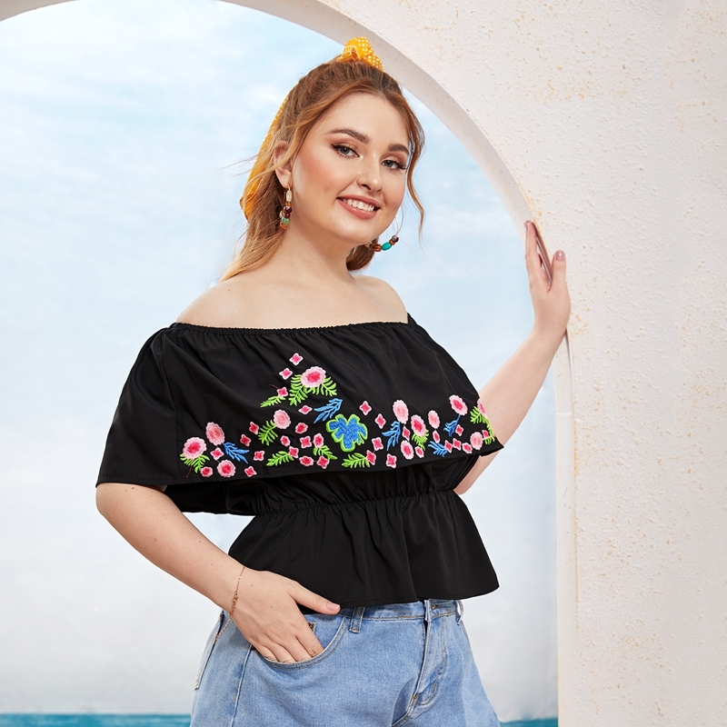 

Plus Floral Embroidered Off Shoulder Ruffle Hem Top, Black