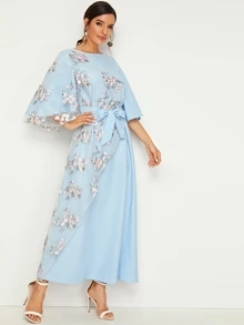 Embroidered Mesh Flare Sleeve Belted Dress - Baby Blue - View 1