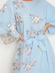 Embroidered Mesh Flare Sleeve Belted Dress - Baby Blue - View 3