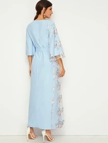 Embroidered Mesh Flare Sleeve Belted Dress - Baby Blue - View 2