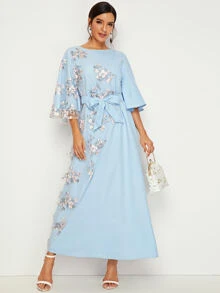 Embroidered Mesh Flare Sleeve Belted Dress - Baby Blue - View 5