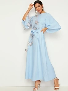 Embroidered Mesh Flare Sleeve Belted Dress - Baby Blue - View 4