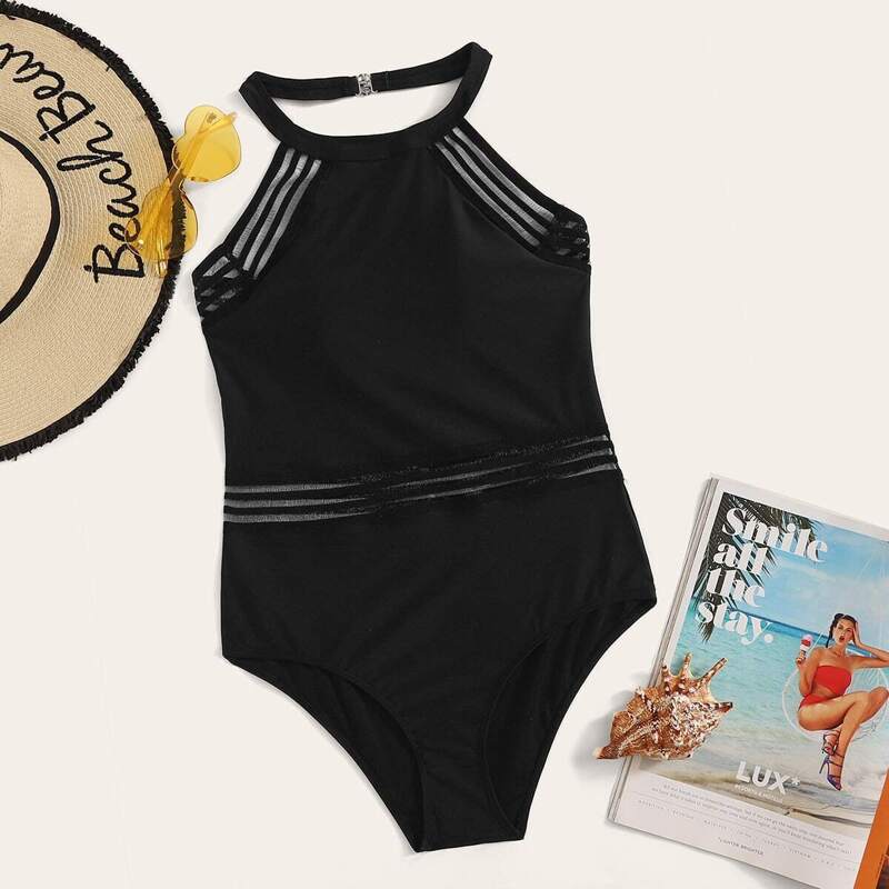 

Contrast Mesh Halter One Piece Swimwear, Black