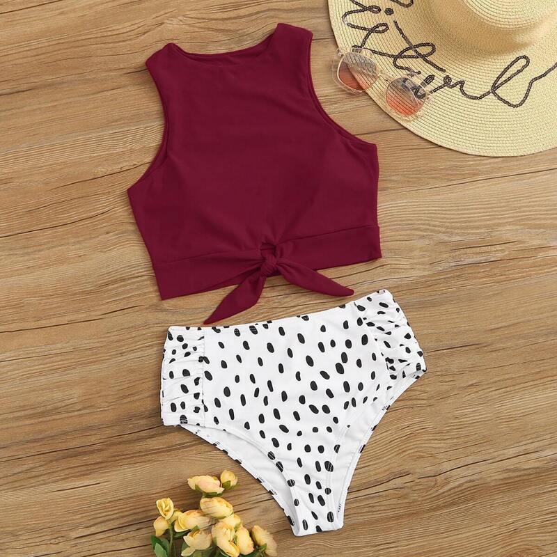 

Knot Hem Top With Dalmation Print Bikini Set, Multicolor