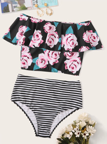Floral Flounce Top With Striped Tankini