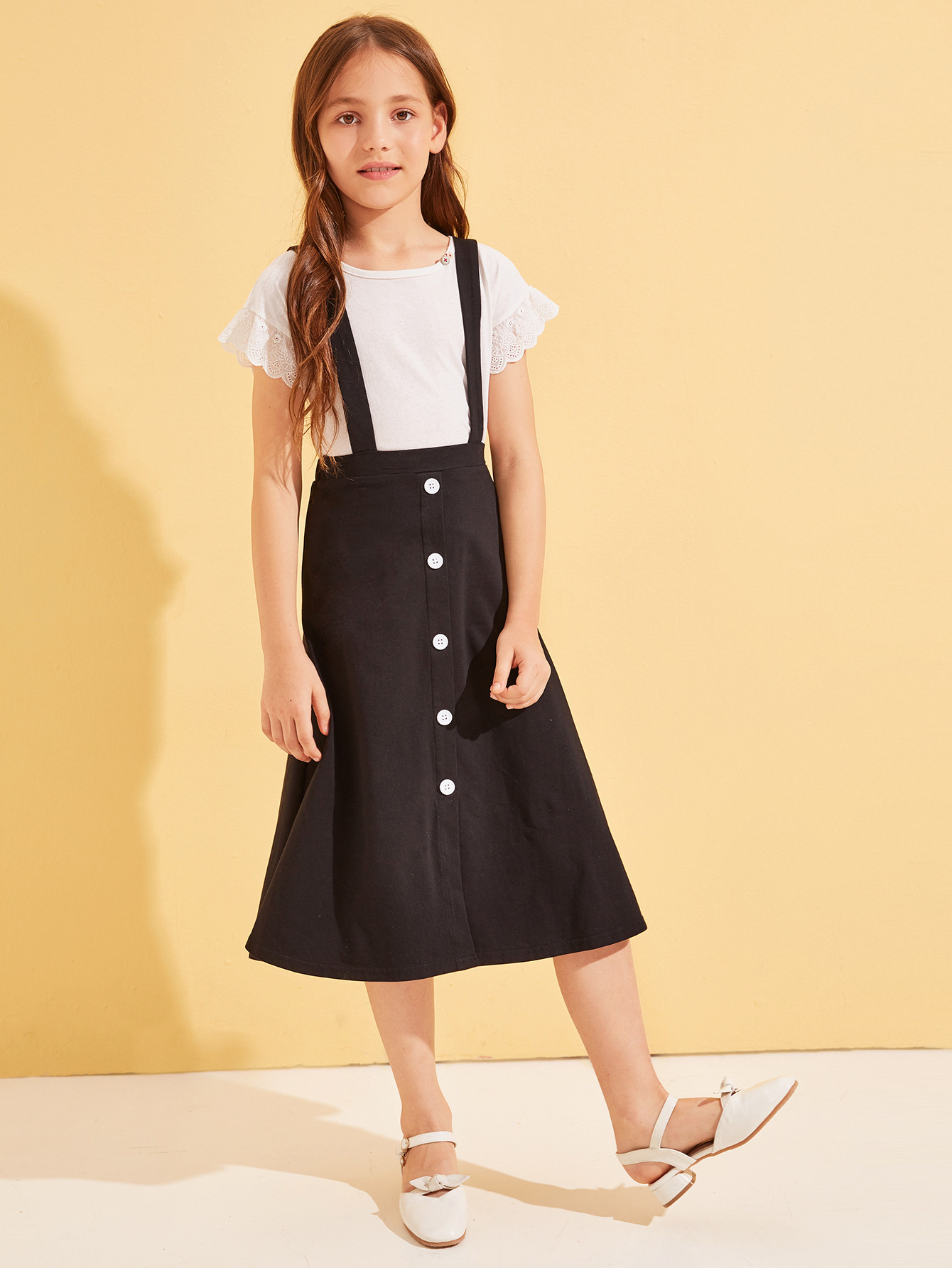 girls elastic waist button front suspender skirt for sale