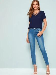 SHEIN LUNE Mesh Insert Solid Top - Navy Blue - View 3