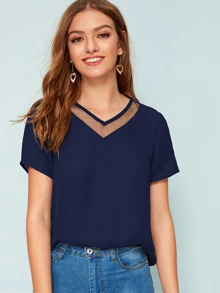 SHEIN LUNE Mesh Insert Solid Top - Navy Blue - View 1