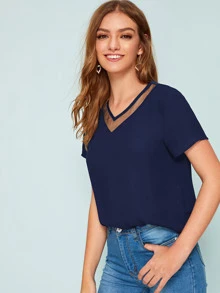 SHEIN LUNE Mesh Insert Solid Top - Navy Blue - View 4