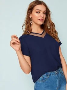 SHEIN LUNE Mesh Insert Solid Top - Navy Blue - View 5