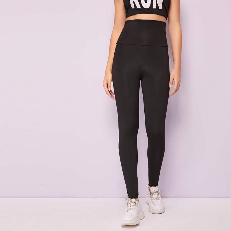 

Wide Waistband Solid Leggings, Black