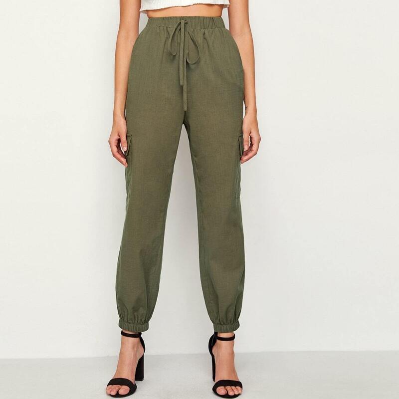 

Drawstring Waist Flap Pocket Detail Pants, Army green