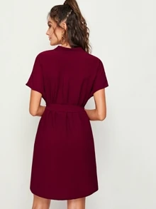 SHEIN Mock Neck Half Button Front Belted Dress - Burgundy - View 2