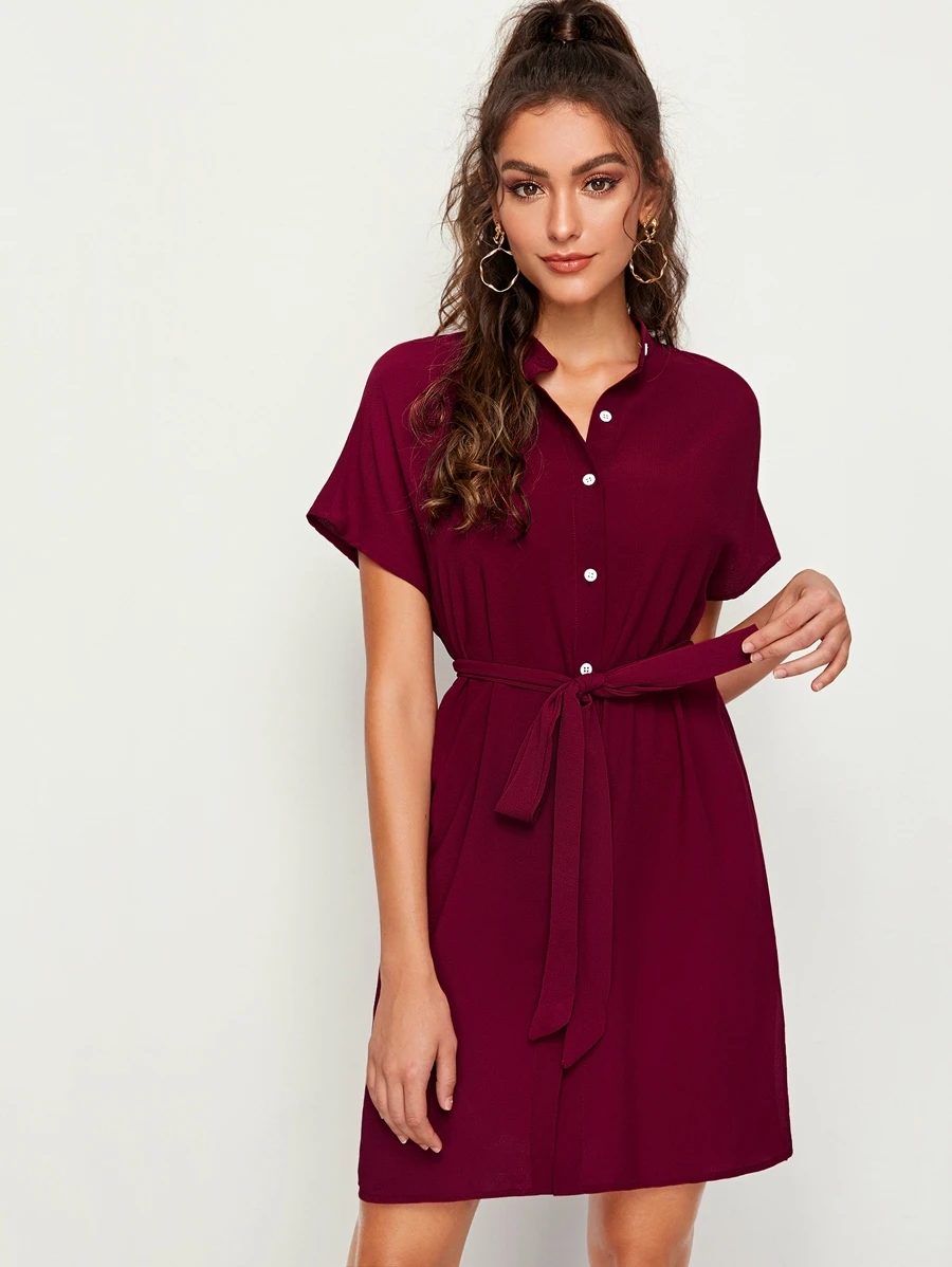 SHEIN Mock Neck Half Button Front Belted Dress - Burgundy - View 1