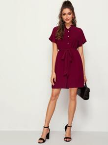 SHEIN Mock Neck Half Button Front Belted Dress - Burgundy - View 3