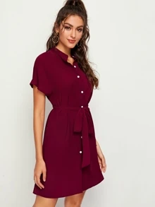 SHEIN Mock Neck Half Button Front Belted Dress - Burgundy - View 5