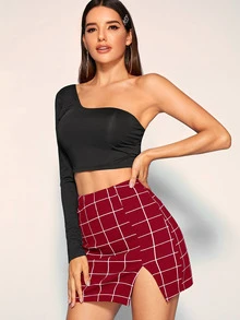 SHEIN BAE Grid Print Front Slit Bodycon Mini Skirt - Burgundy - View 4