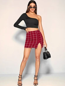 SHEIN BAE Grid Print Front Slit Bodycon Mini Skirt - Burgundy - View 3