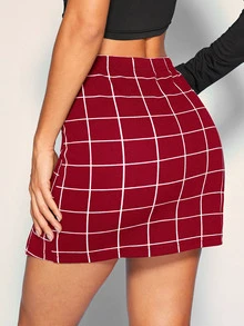 SHEIN BAE Grid Print Front Slit Bodycon Mini Skirt - Burgundy - View 2