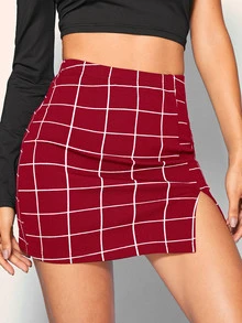 SHEIN BAE Grid Print Front Slit Bodycon Mini Skirt - Burgundy - View 1