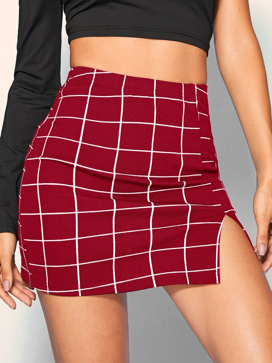 SHEIN BAE Grid Print Front Slit Bodycon Mini Skirt - Burgundy - View 1