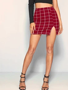 SHEIN BAE Grid Print Front Slit Bodycon Mini Skirt - Burgundy - View 5