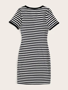 Muchica Vestido de rayas de cuello notch - Blanco y Negro - Ver 2