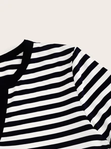 Muchica Vestido de rayas de cuello notch - Blanco y Negro - Ver 4