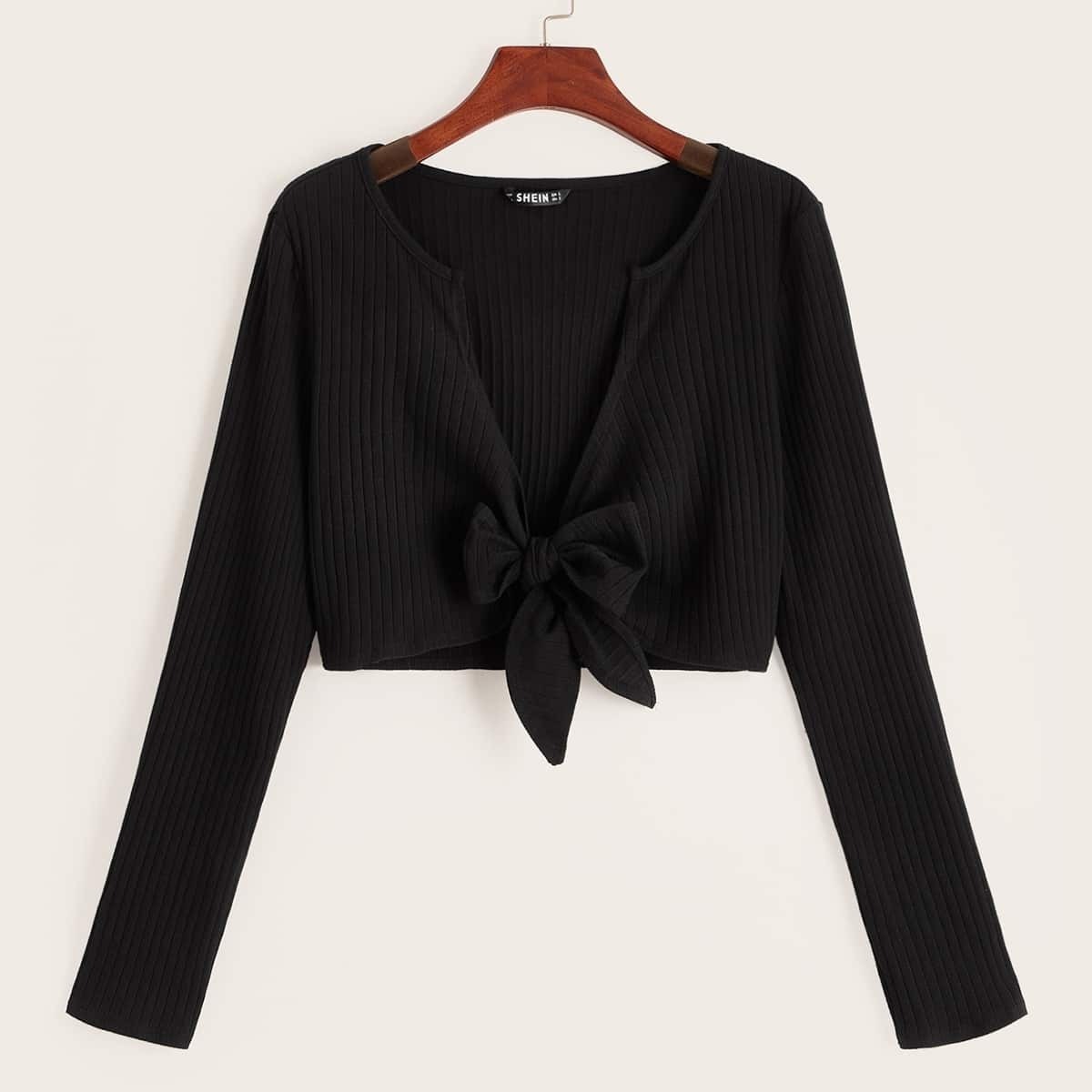 

Tie Front Rib-knit Top, Black