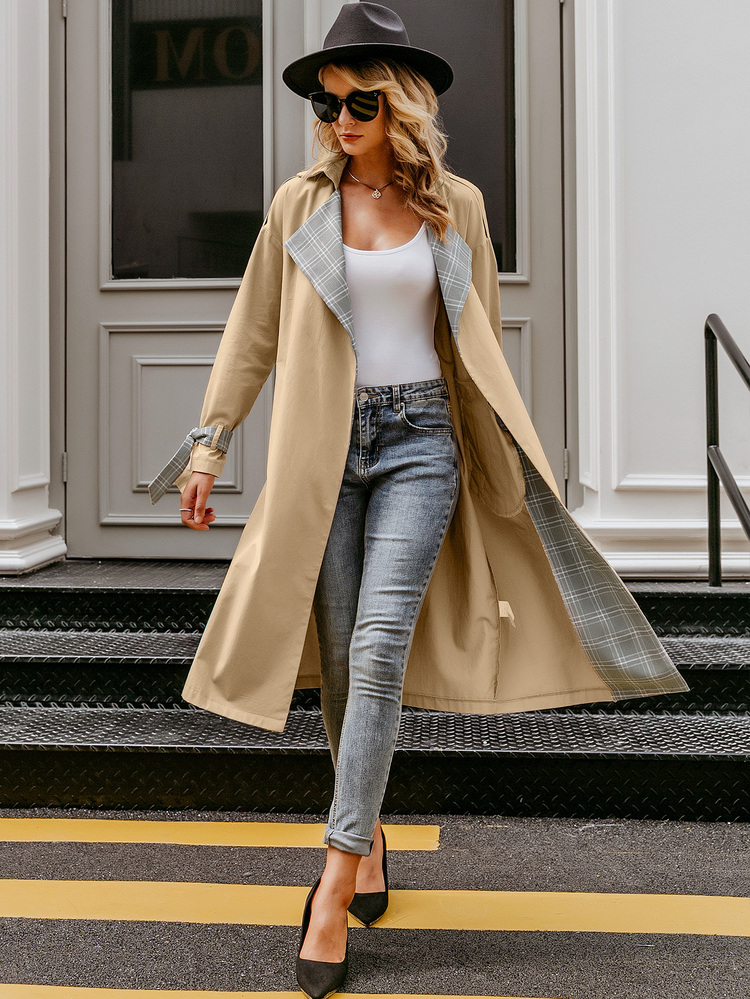 Simplee Plaid Knotted Cuff Belted Trench Coat - Khaki - View 5