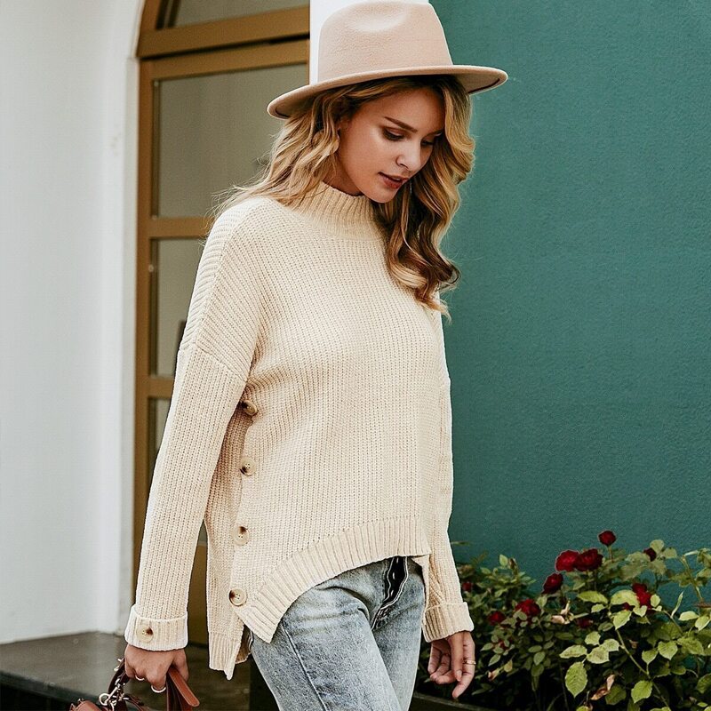

Simplee Drop Shoulder Buttoned Side Sweater, Beige pastel